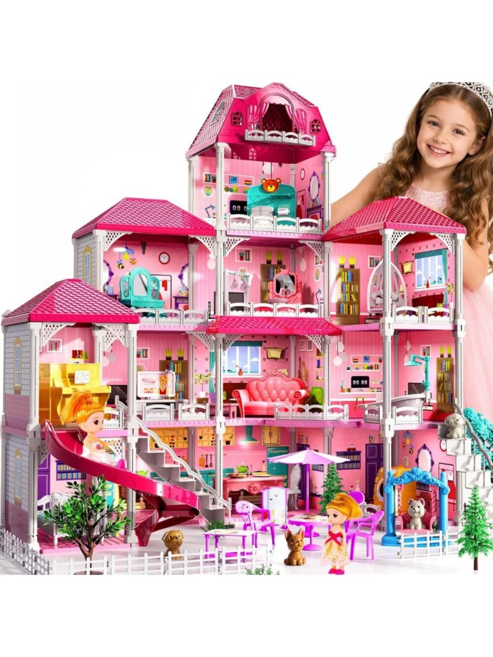 4-Story Dollhouse Playset for Girls 3-7, Includes 2 Dolls & 12 Rooms